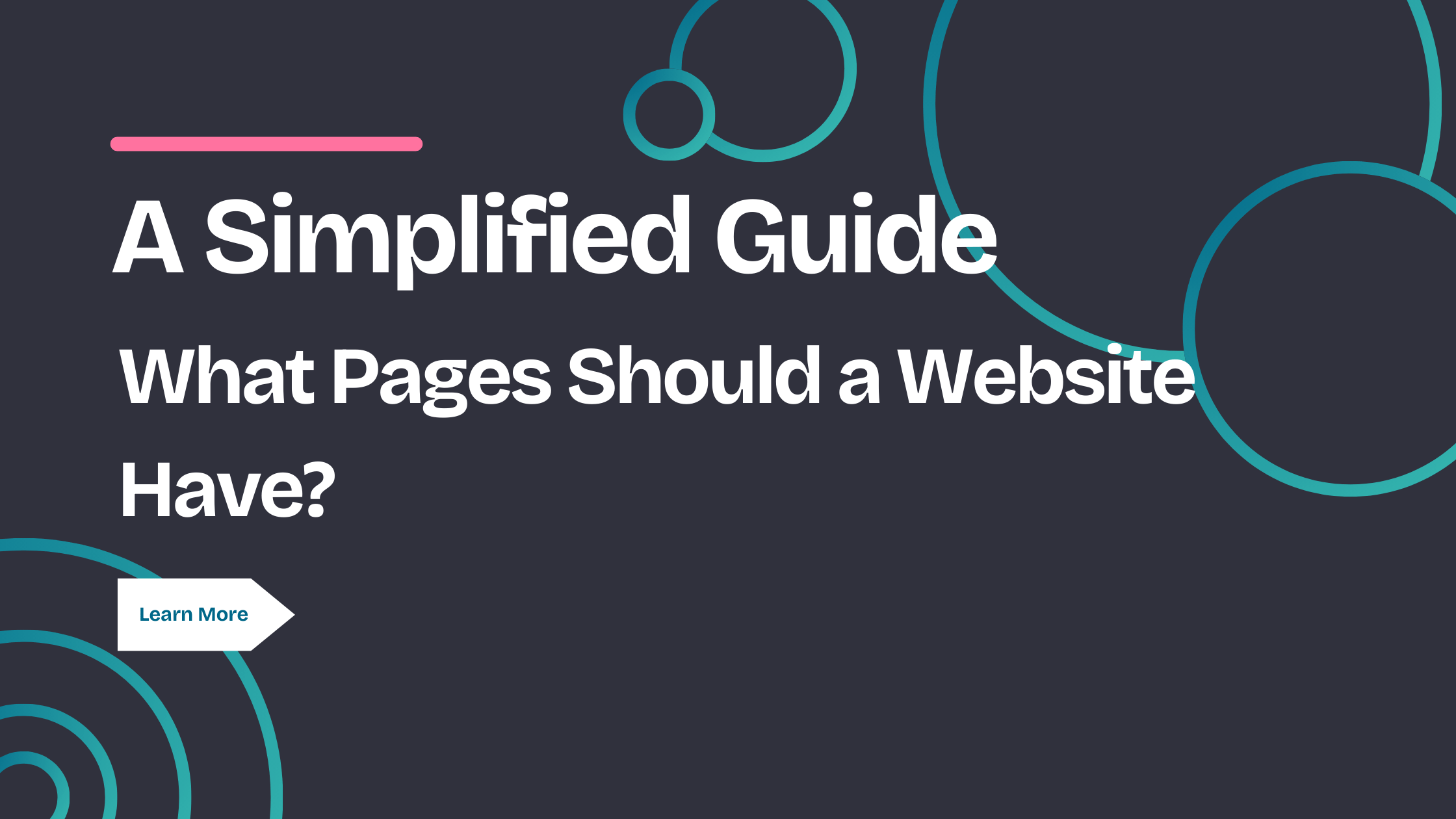 A graphic titled "A Simplified Guide" featuring the question "What Pages Should a Website Have?" The background includes abstract circular shapes and a dark color scheme, aimed at small businesses seeking guidance on website structure and SEO best practices.